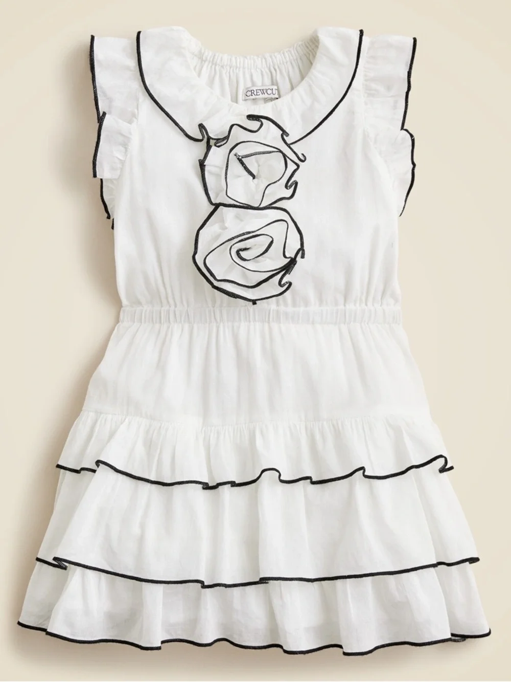 J. Crew Girls’ White/Navy Rosette Ruffle-Trim Dress—8